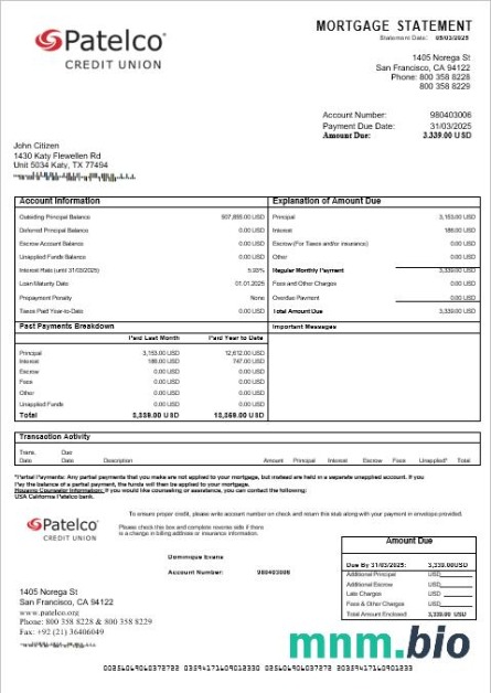 USA California Patelco Bank wyciąg z kredytu hipotecznego w formatach Word i PDF